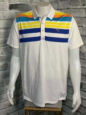 Puma Golf Polo Shirt Mens L White Stripe Performance Stretch Lightweight Casual